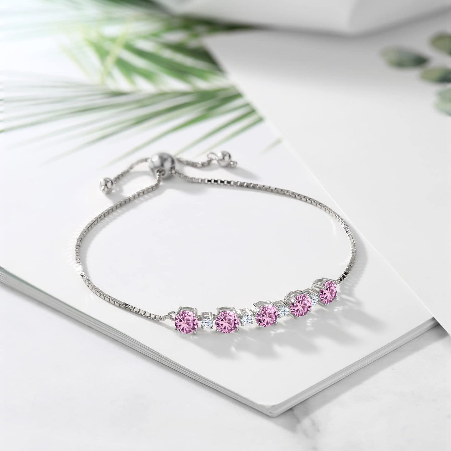 Gem Stone King 925 Sterling Silver Pink Created Sapphire Tennis Bracelet For Women (2.95 Cttw, Round 5MM and 2.5MM, Fully Adjustable Up to 9 Inch)