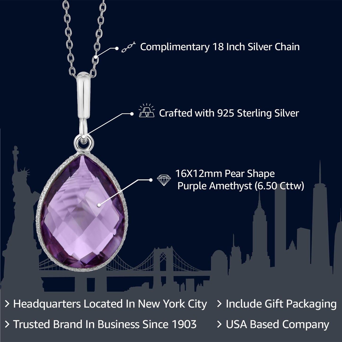 Gem Stone King 6.50 Cttw Amethyst Teardrop Pendant Necklace For Women In 925 Sterling Silver | Pear Shape 16X12MM | Gemstone Birthstone | With 18 Inch Silver Chain