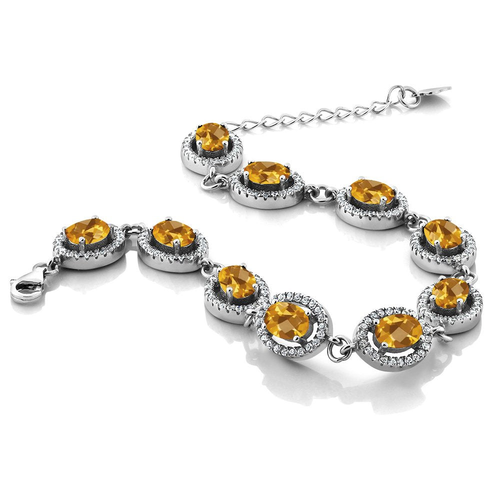 Gem Stone King 9.88 Cttw Yellow Citrine Tennis Bracelet For Women In 925 Sterling Silver | 7X5MM Oval Checkerboard Cut | Gemstone November Birthstone | 7.5 Inch