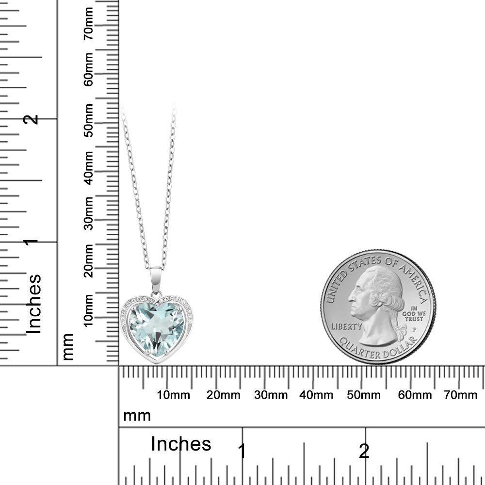 Gem Stone King 925 Sterling Silver Simulated Aquamarine Pendant Necklace For Women (3.00 Cttw, Heart Shape 10MM, With 18 Inch Silver Chain)