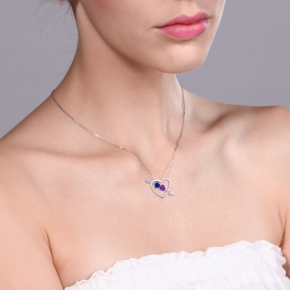 Gem Stone King 925 Sterling Silver Blue Created Sapphire and Purple Amethyst Heart and Arrow Pendant Necklace For Women (1.01 Cttw, with 18 Inch Silver Chain)