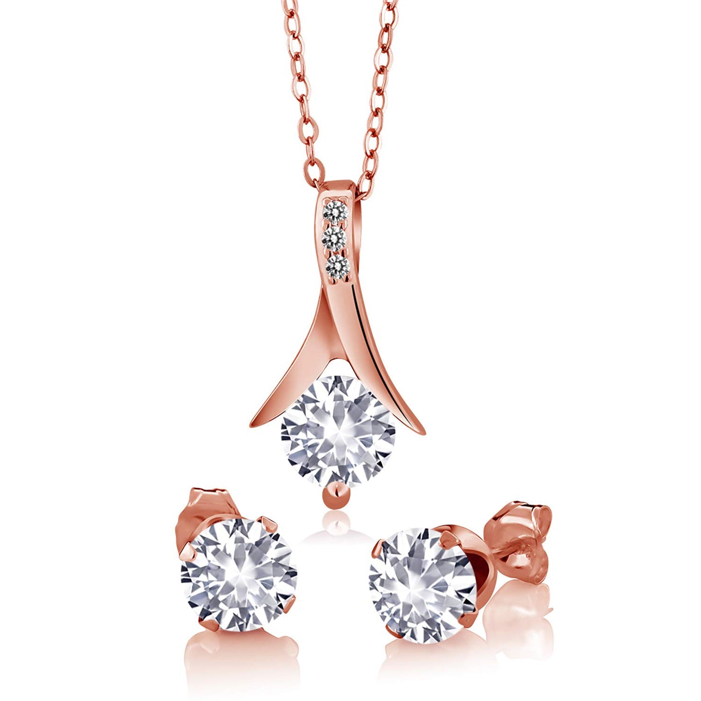 Gem Stone King 18K Rose Gold Plated Silver White Created Sapphire and White Diamond Jewelry Set For Women (3.65 Cttw, with 18 Inch Chain)