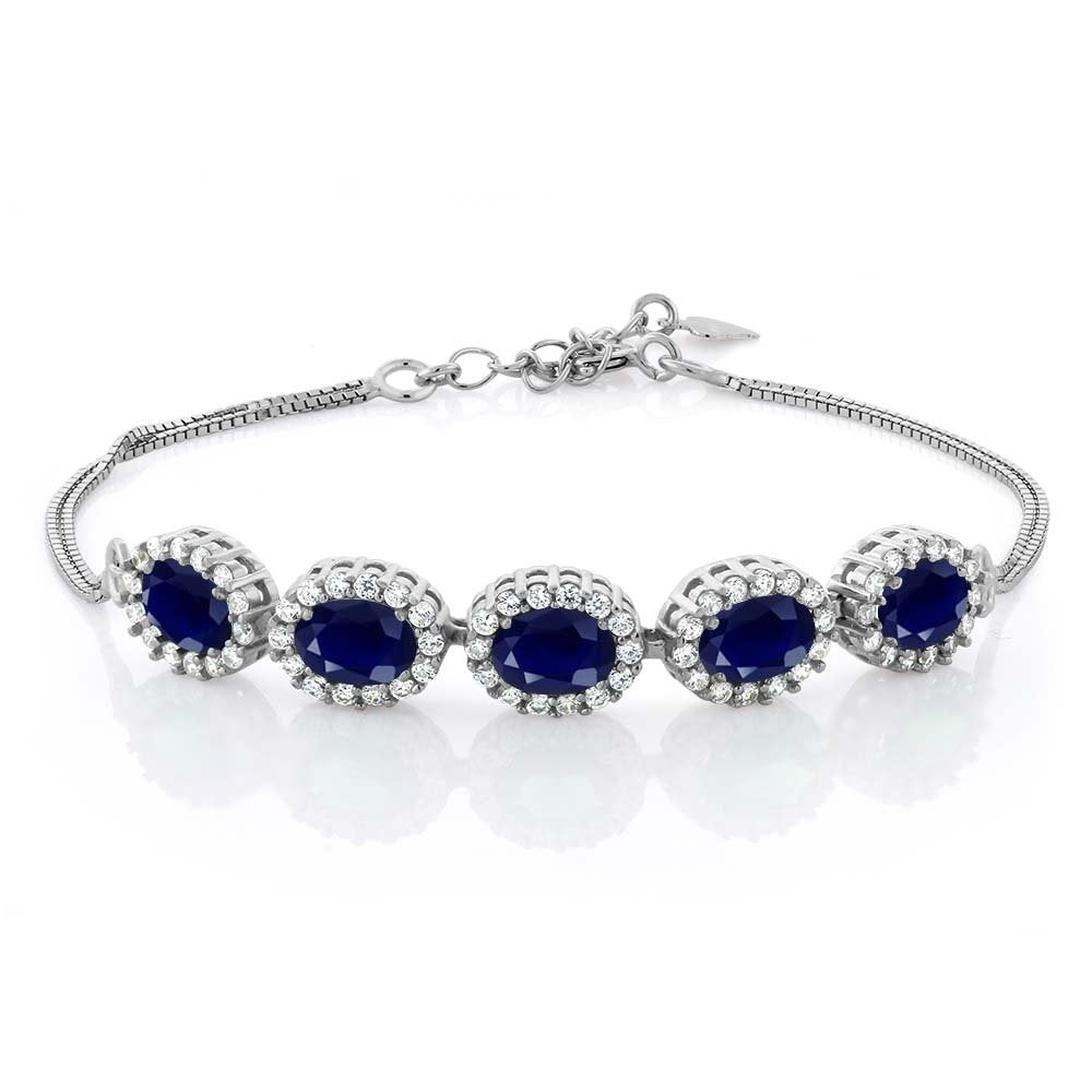 Gem Stone King 925 Sterling Silver Blue Sapphire Tennis Bracelet For Women (6.14 Cttw, Gemstone Birthstone, Center Stones: 7X5MM, 7 Inch + 1.5 inch Extender)