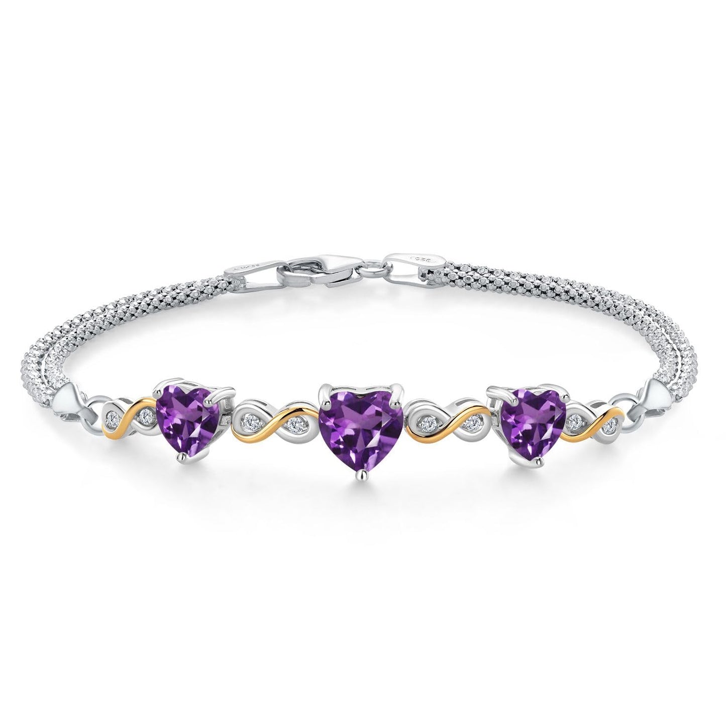 Gem Stone King 925 Sterling Silver and 10k Yellow Gold Purple Amethyst and White Lab Grown Diamond Bracelet For Women (2.58 Cttw, Heart 7MM and 6MM, 6.5/7/7.5 Inch, Made In Italy)