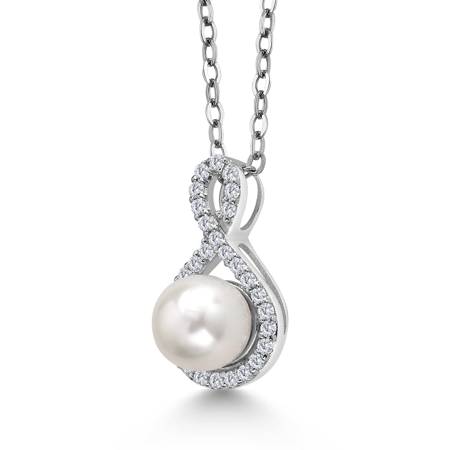 Gem Stone King 925 Sterling Silver 6.5-7MM Cultured Freshwater Pearl and White Lab Grown Diamond Pendant Necklace For Women | 0.21 Cttw | June Birthstone | With 18 Inch Chain