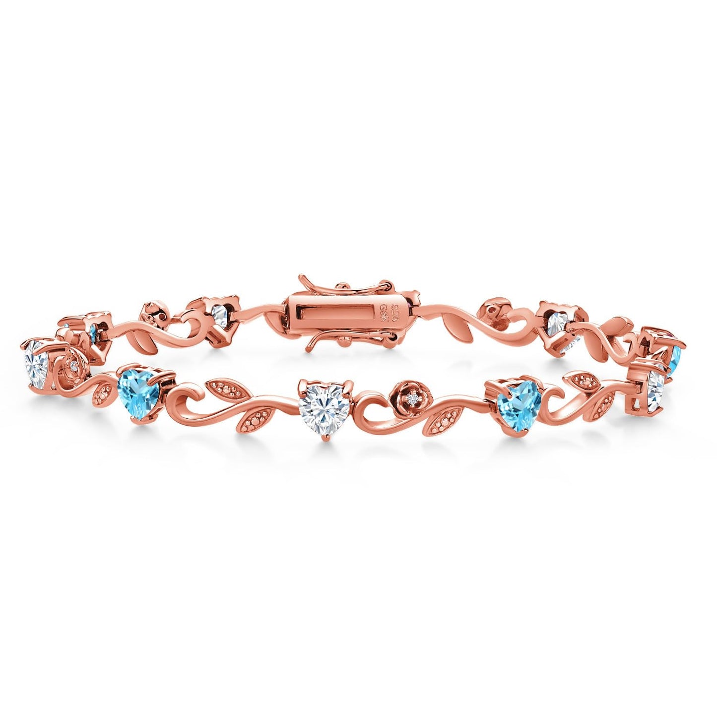 Gem Stone King 18K Rose Gold Plated Silver Customized and Personalized 5MM Heart Shape Gemstone Birthstone and White Lab Grown Diamond Greek Vine Flower Tennis Bracelet For Women (7.5 Inch)