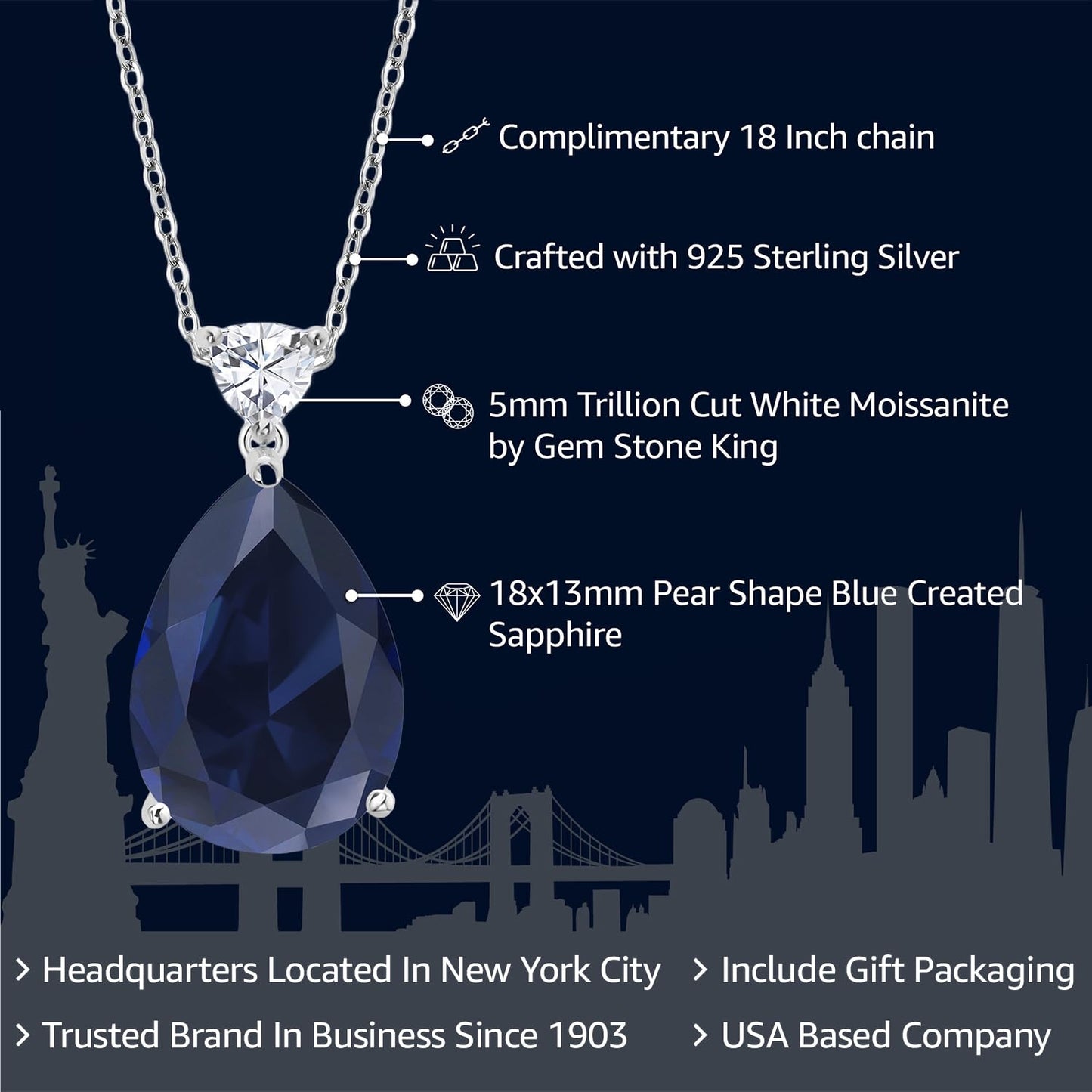 Gem Stone King 13.10 Cttw Created Blue Sapphire and White Moissanite Teardrop Pendant Necklace For Women | 925 Sterling Silver | Pear Shape 18X13MM | With 18 Inch Chain