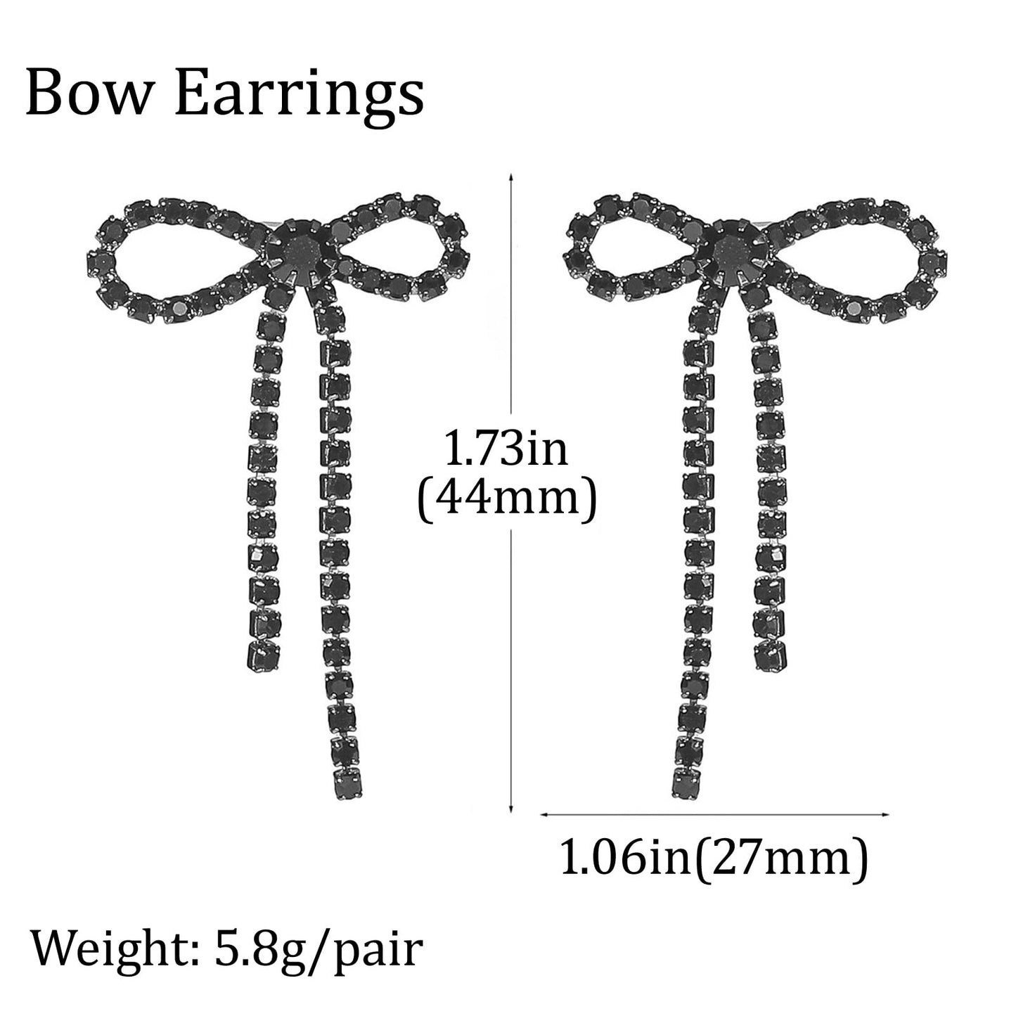 Suofrun Bow Earrings for Women Rhinestone Long Tassel Earrings Ribbon Bow Drop Earring Silver Stainless Steel Dangle Earrings Cute Sparkly Jewelry (Black)