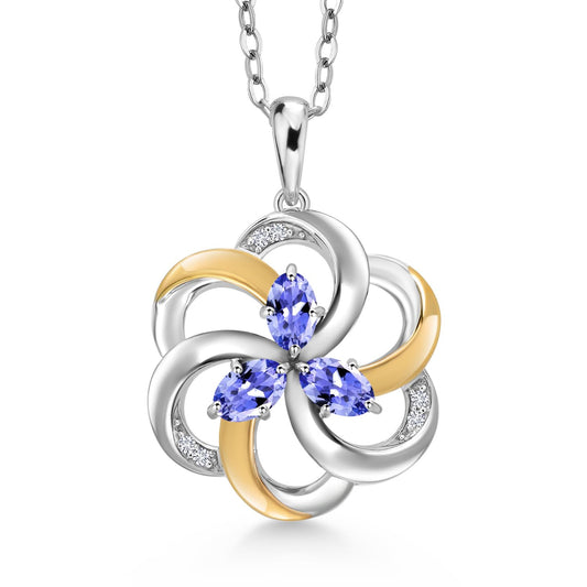 Gem Stone King 925 Sterling Silver and 10k Yellow Gold Gemstone Birthstone & White Lab Grown Diamond Love Mother Spiral Flower 3 Stone Pendant Necklace For Women with 18 Inch Chain