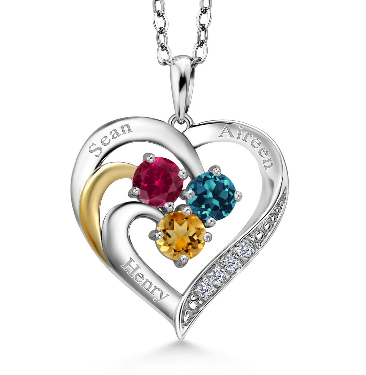 Build Your Own 925 Sterling Silver and 10K Yellow Gold Engraved Customized and Personalized 3-Stone Round Gemstone Birthstone and White Lab Grown Diamond Pendant Necklace For Women with 18 Inch Chain