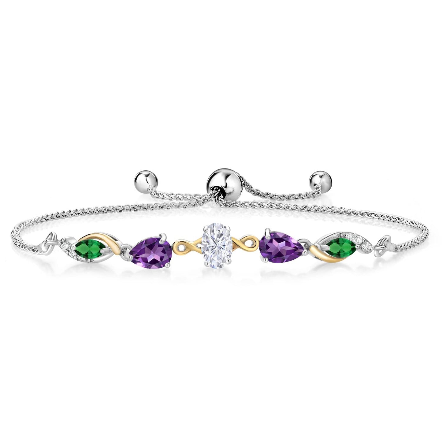 Gem Stone King 925 Silver and 10K Yellow Gold White Moissanite Amethyst Nano Emerald and Lab Grown Diamond Tennis Bracelet for Women By Keren Hanan (1.66 cttw, Adjustable Up To 9 Inch)