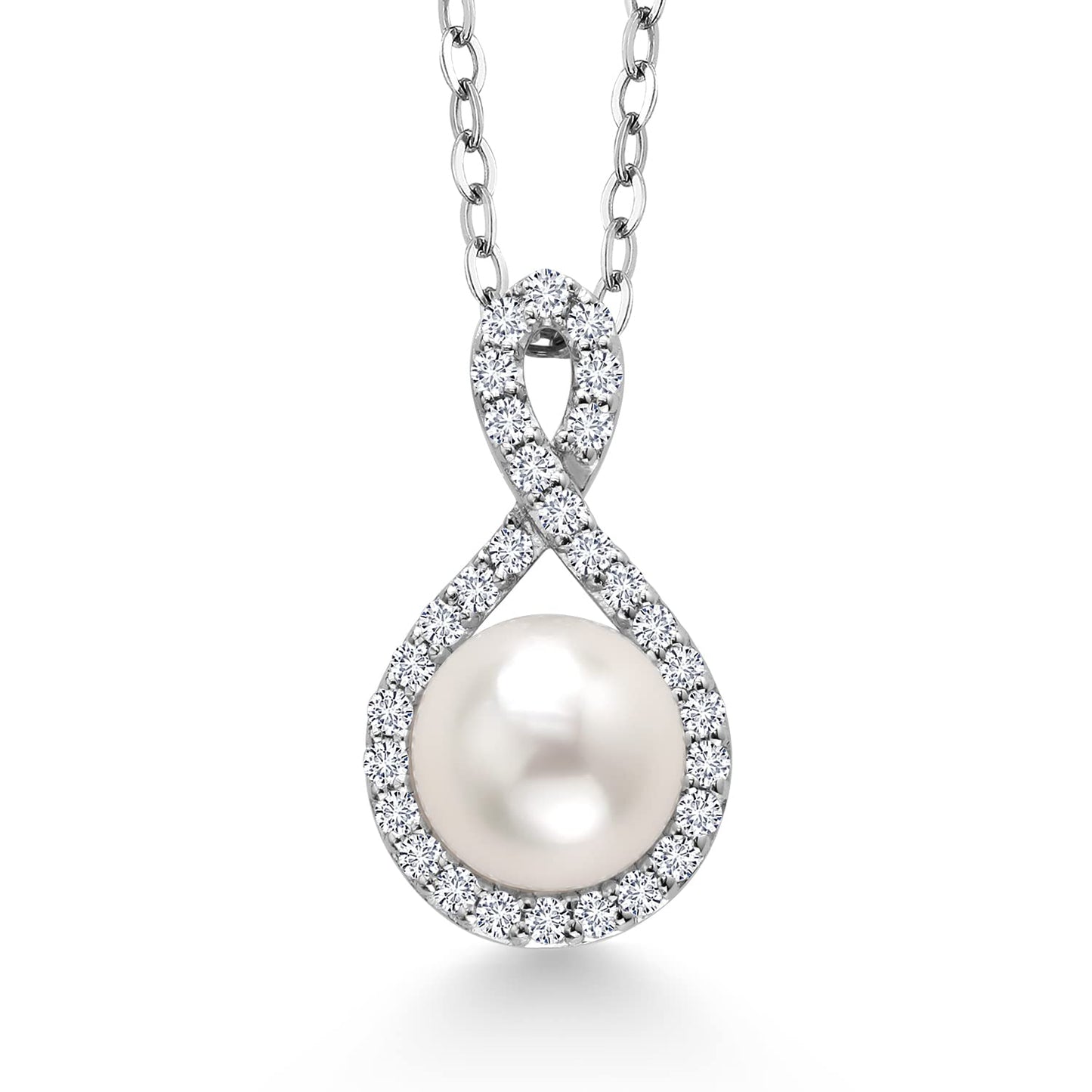 Gem Stone King 925 Sterling Silver 6.5-7MM Cultured Freshwater Pearl and White Lab Grown Diamond Pendant Necklace For Women | 0.21 Cttw | June Birthstone | With 18 Inch Chain