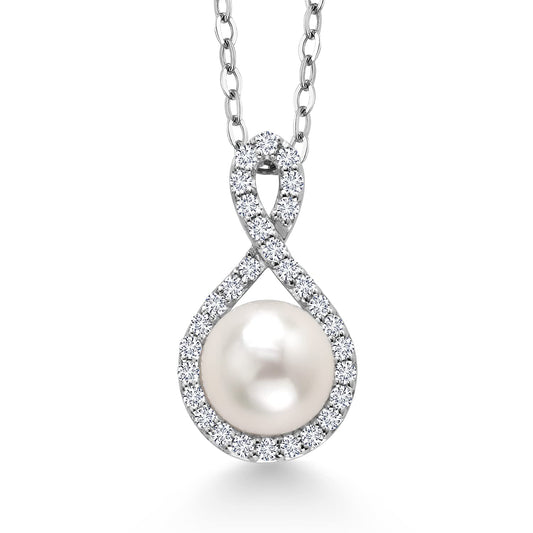 Gem Stone King 925 Sterling Silver 6.5-7MM Cultured Freshwater Pearl and White Lab Grown Diamond Pendant Necklace For Women | 0.21 Cttw | June Birthstone | With 18 Inch Chain