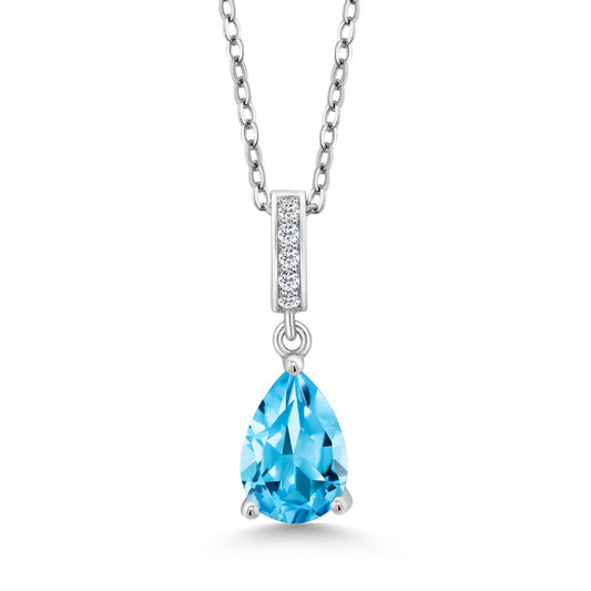 Gem Stone King 925 Sterling Silver Swiss Blue Topaz and White Topaz Pendant Necklace For Women (1.62 Cttw, Gemstone November Birthstone, Pear Shape 9X6MM, with 18 Inch Silver Chain)