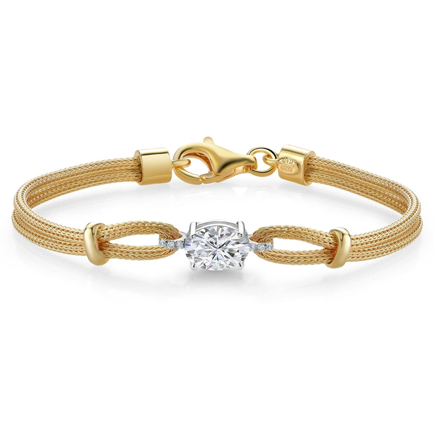 Gem Stone King 18K Gold Plated 2 Tone Silver Personalized Customized White Lab Grown Diamond Bracelet For Women (Choose From Variety of Oval 8X6MM Gemstones and 6.5 Inch Chain Lengths, Made In Italy)