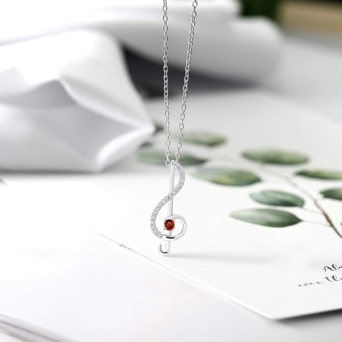 Gem Stone King 925 Sterling Silver Red Garnet Music Note Jewelry Gift Treble Clef Pendant Necklace For Women By Keren Hanan (0.34 Cttw, with 18 Inch Silver Chain)