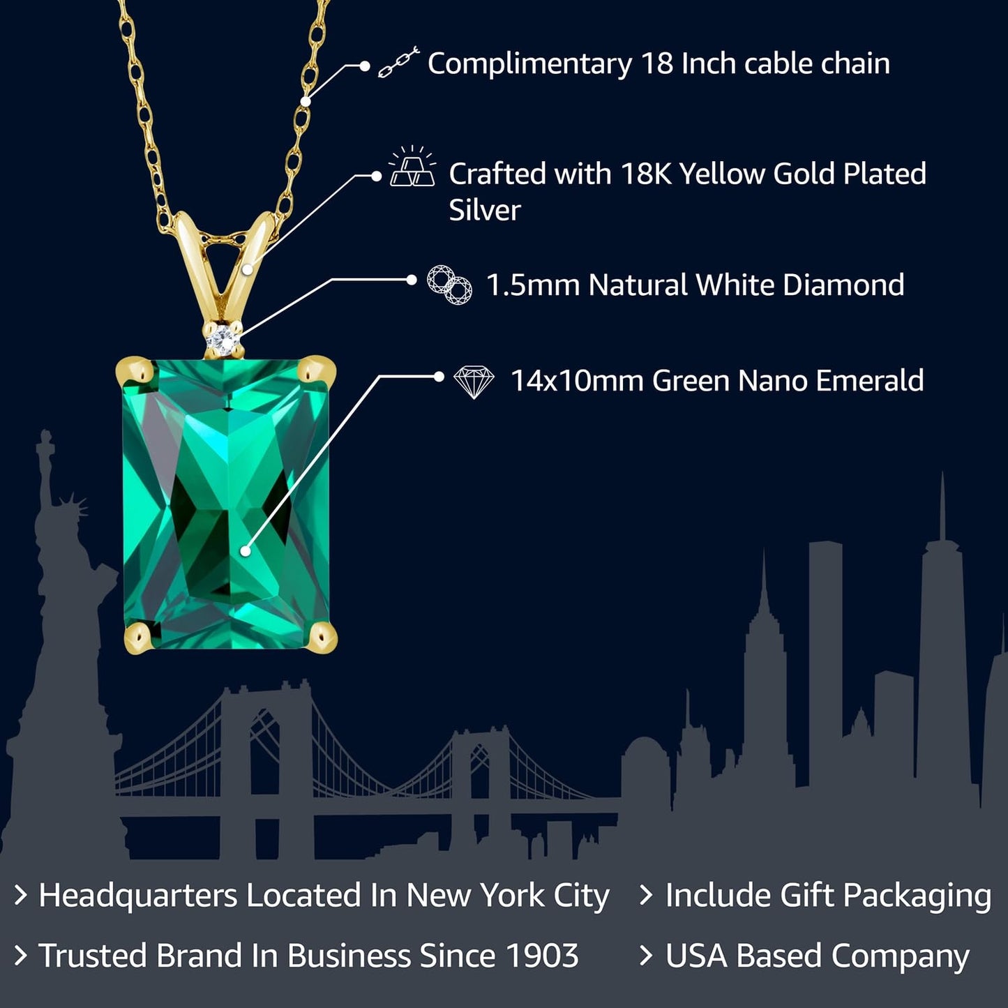 Gem Stone King 18K Yellow Gold Plated Silver Green Nano Emerald and White Diamond Pendant Necklace For Women (6.52 Cttw, Gemstone May Birthstone, Emerald Cut 14X10MM, with 18 Inch Silver Chain)