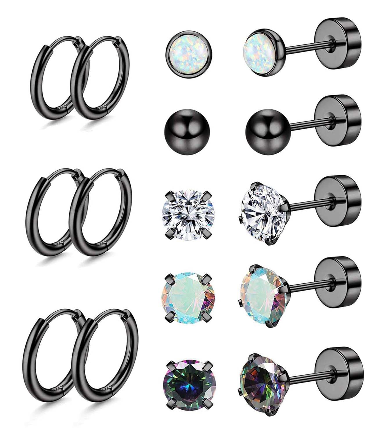 Jstyle Surgical Steel Earrings for Sensitive Ears Hypoallergenic 20G Stainless Stud Hoop Earrings for Women Men Small Ball Opal CZ Surgical Steel Flat Back Earrings Cartilage Hoop Earrings Black Tone