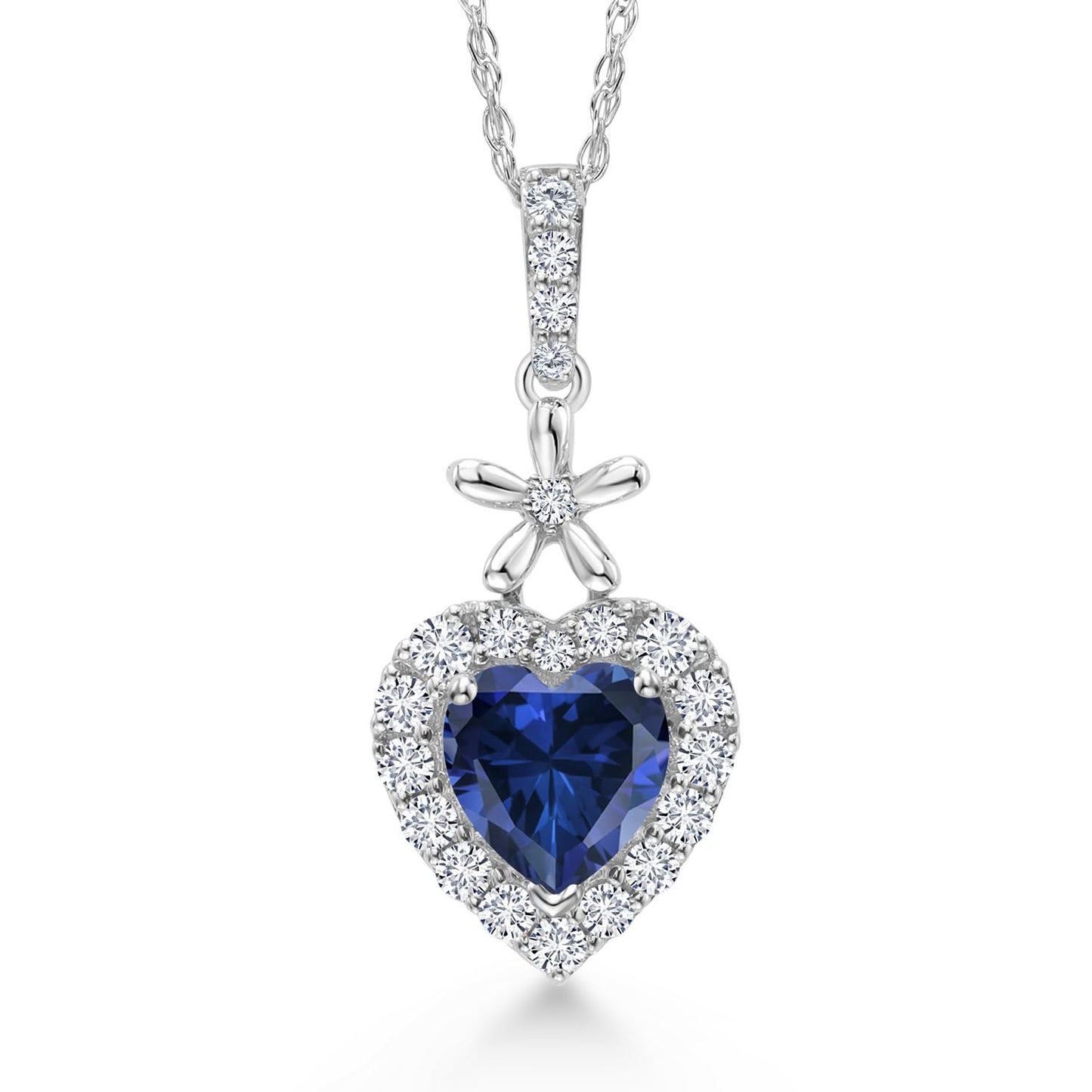 Gem Stone King 10K White Gold Blue Created Sapphire and White Lab Grown Diamond Pendant Necklace For Women (0.61 Cttw, Heart Shape 5MM, with 18 Inch Chain)