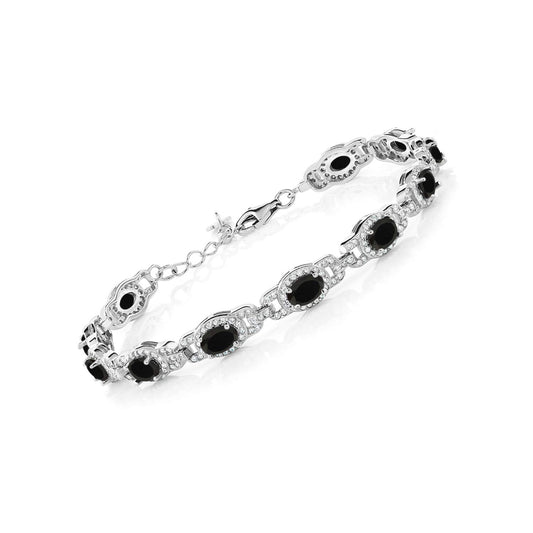 Gem Stone King 925 Sterling Silver Black Onyx Tennis Bracelet For Women (8.00 Cttw, Gemstone Birthstone, Oval 6X4MM, 7 Inch With 1 Inch Extender)