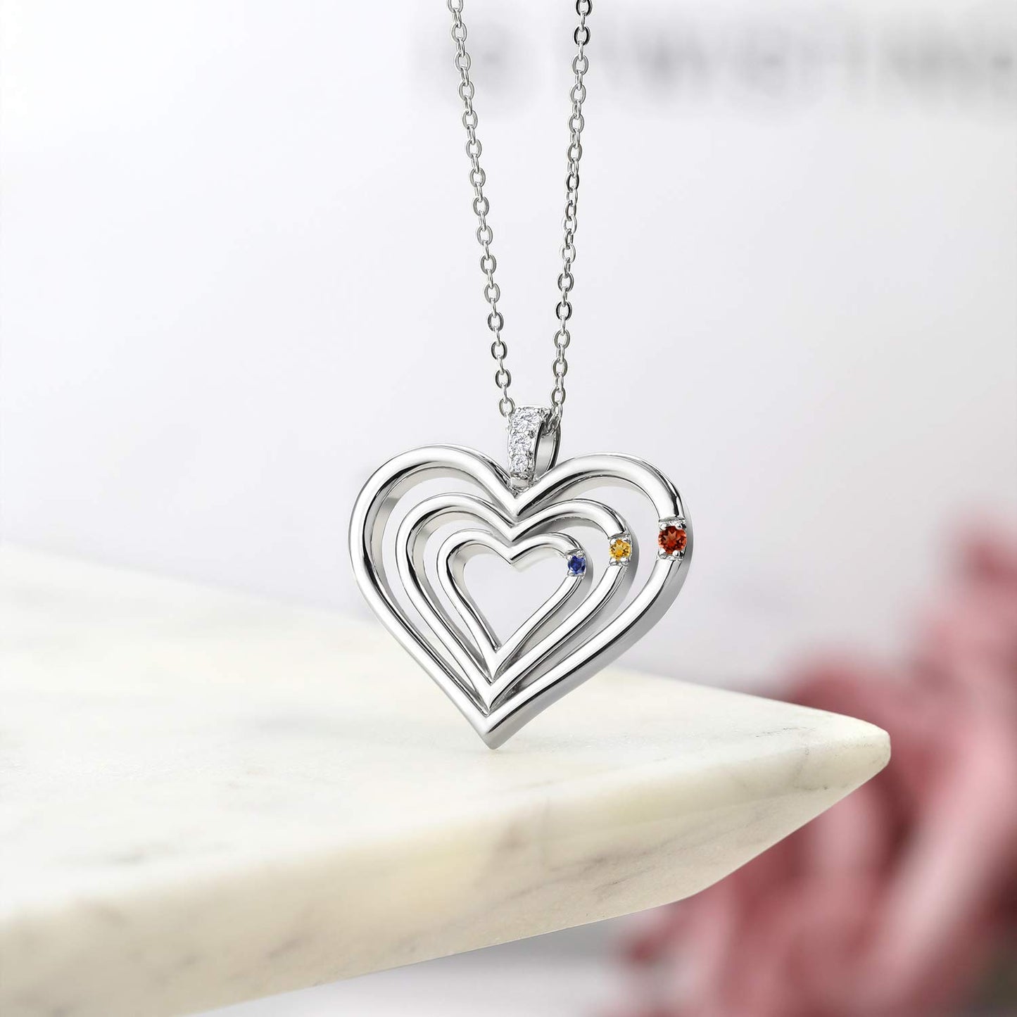 925 Sterling Silver Engraved Customized and Personalized 3-Stone Gemstone Birthstone and White Lab Grown Diamond Heart Pendant Necklace For Women By Keren Hanan with 18 Inch Silver Chain