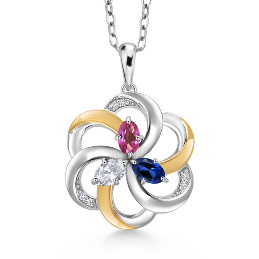 Gem Stone King 925 Sterling Silver and 10k Yellow Gold Gemstone Birthstone & White Lab Grown Diamond Love Mother Spiral Flower 3 Stone Pendant Necklace For Women with 18 Inch Chain