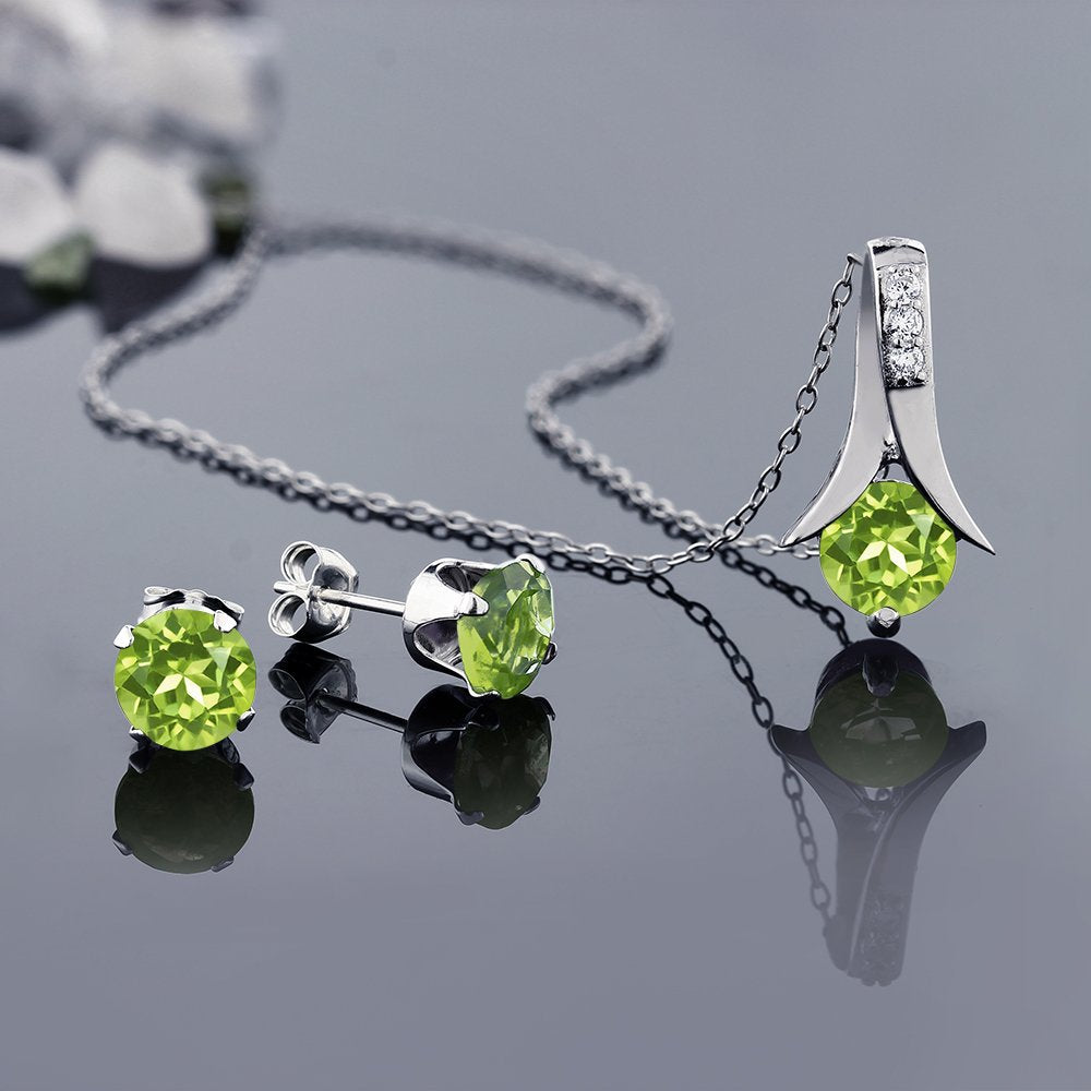 Gem Stone King 925 Sterling Silver Green Peridot Pendant and Earrings Set For Women (3.00 Cttw, Round Gemstone Birthstone, with 18 Inch Chain)