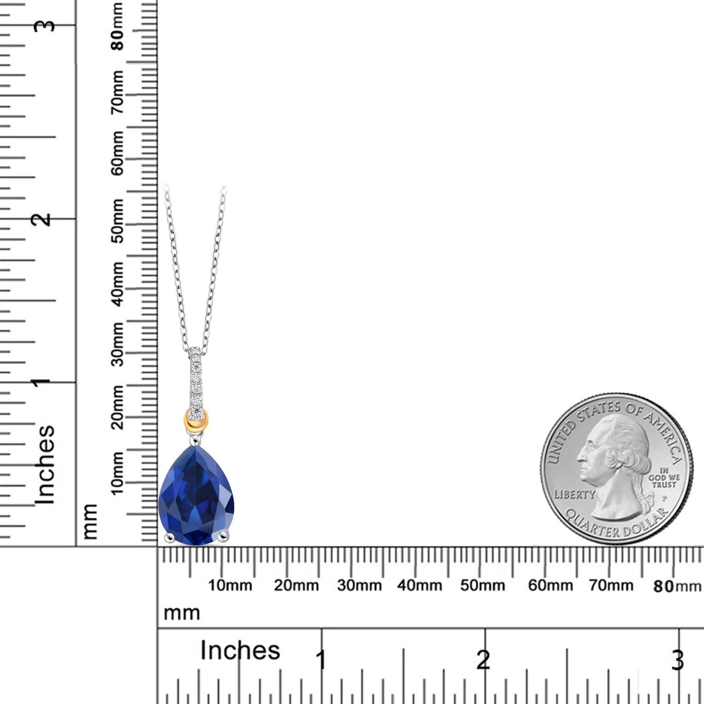 Gem Stone King 925 Sterling Silver and 10K Yellow Gold Pear Shape Blue Simulated Sapphire and White Moissanite Pendant Necklace For Women (10.26 Cttw with 18 Inch Chain)