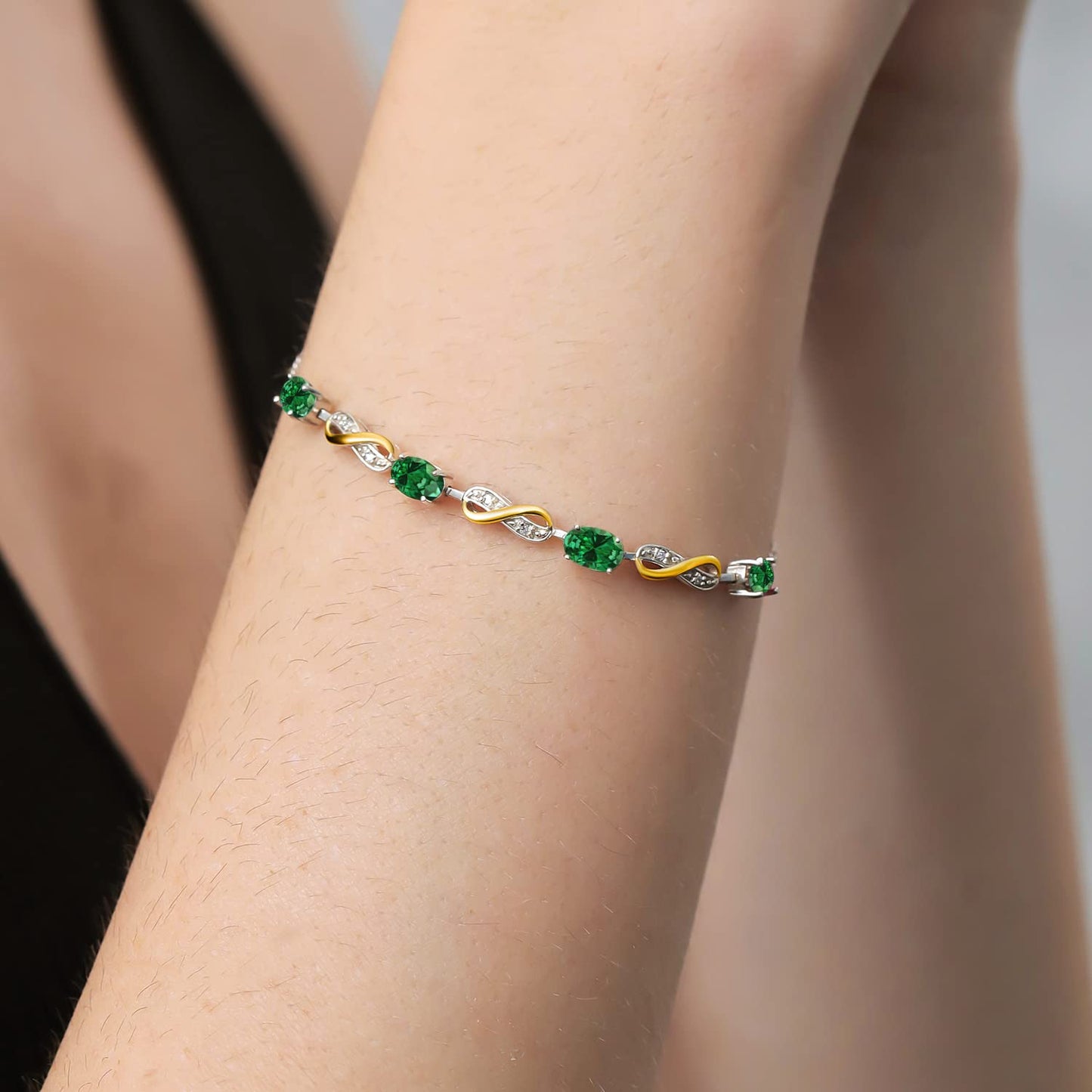 Gem Stone King 925 Sterling Silver and 10K Yellow Gold Green Created Emerald and White Lab Grown Diamond Tennis Bracelet For Women (1.45 Cttw, Oval 6X4MM, Fully Adjustable Up to 7.5 Inch)