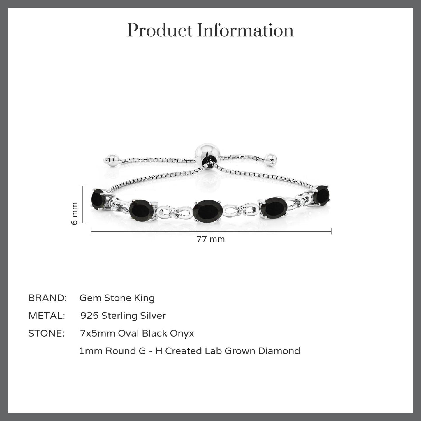 Gem Stone King 3.52 Cttw Black Onyx and White Lab Grown Diamond Tennis Bracelet For Women | 925 Sterling Silver | Gemstone December Birthstone | Oval 7x5MM | Fully Adjustable Up to 9 Inch