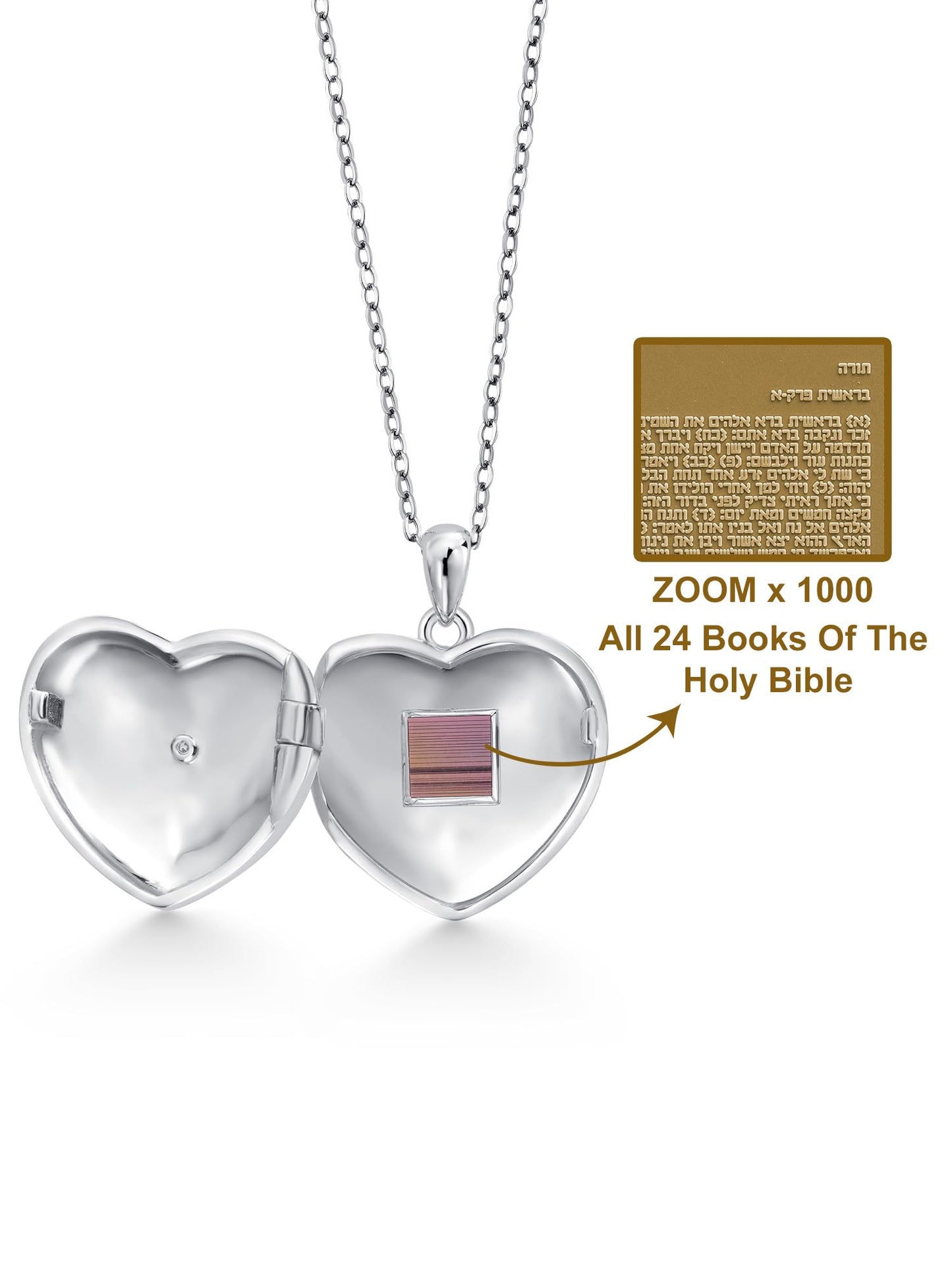 Gem Stone King 925 Sterling Silver Customized and Personalized Engraved Nano Chip Old Bible or New Testament with Lab Grown Diamond Heart Locket Pendant Necklace For Women with 18 Inch Chain