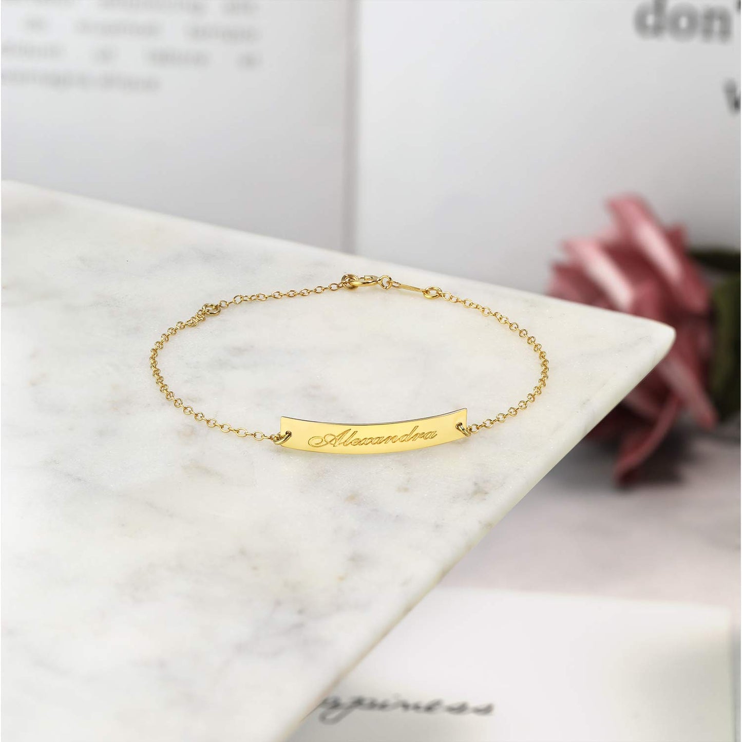 Gem Stone King 14K Gold Filled Personalized Custom Free Engraving Lazer Cut 30X5MM Adjustable Chain ID Name Bar Bracelet For Women