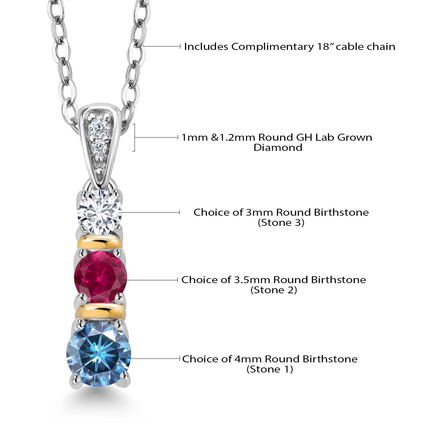 Gem Stone King 925 Sterling Silver and 10K Yellow Gold Build your Own Personalized Round Birthstones and White Lab Grown Diamond 3 Stone Pendant Necklace For Women