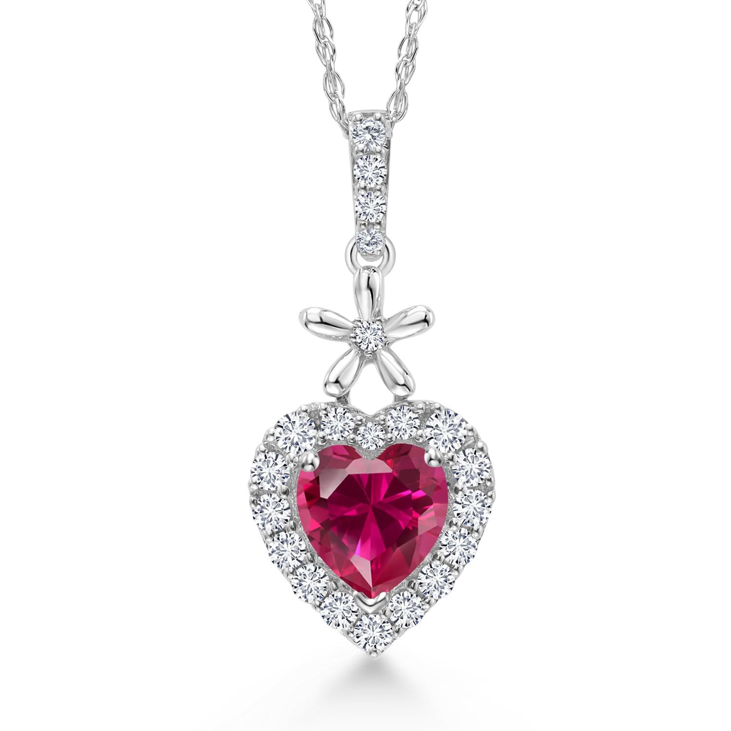 Gem Stone King 10K White Gold Red Created Ruby and White Lab Grown Diamond Pendant Necklace For Women (0.71 Cttw, Heart Shape 5MM, with 18 Inch Chain)