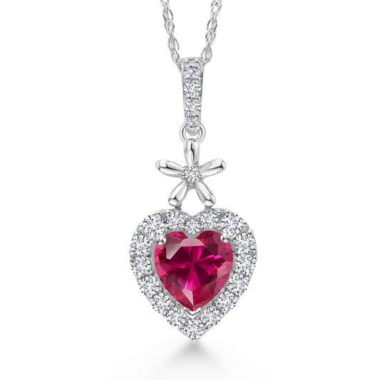 Gem Stone King 10K White Gold Red Created Ruby and White Lab Grown Diamond Pendant Necklace For Women (0.71 Cttw, Heart Shape 5MM, with 18 Inch Chain)