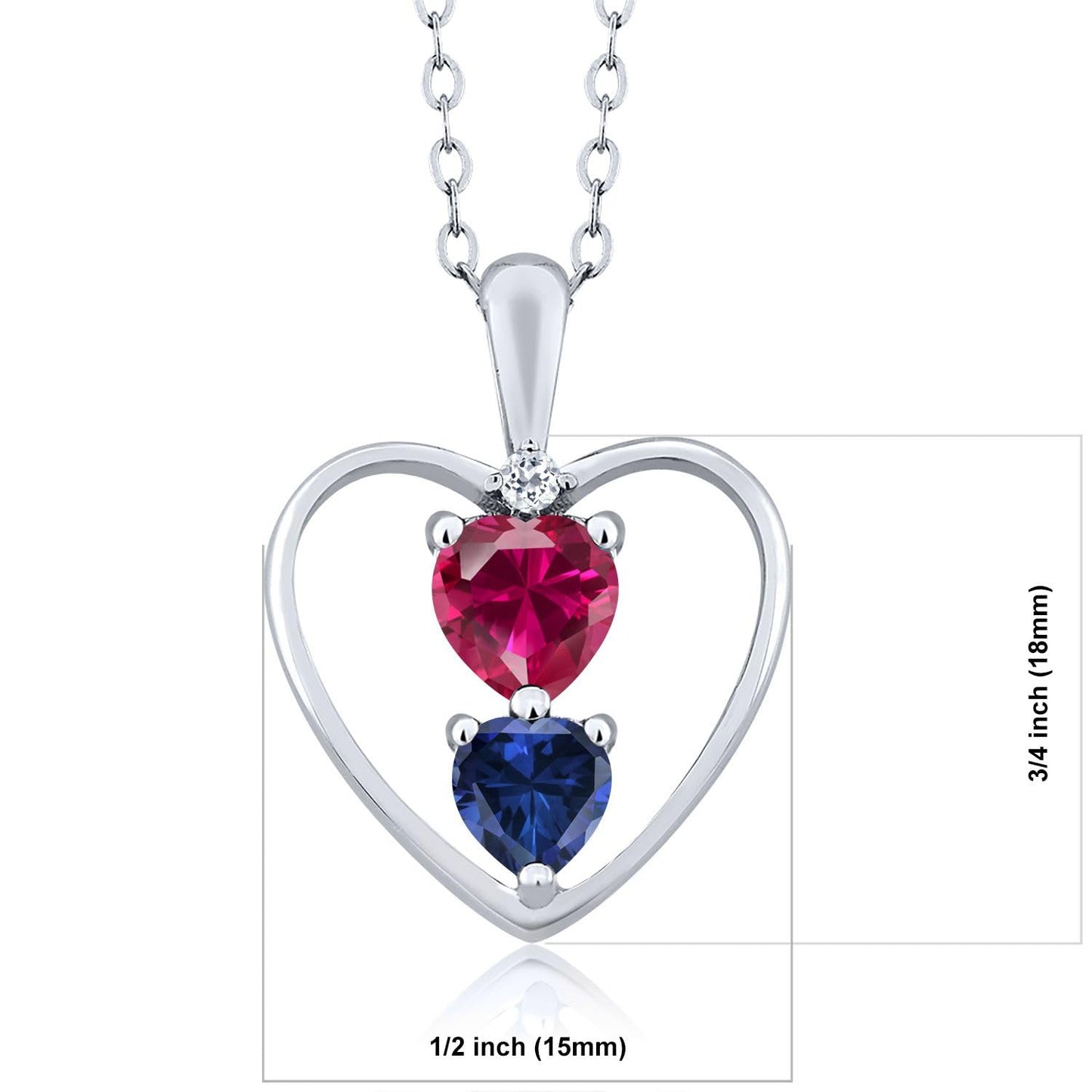 Gem Stone King 925 Sterling Silver Red Created Ruby Blue Created Sapphire and White Topaz Pendant Necklace For Women (1.11 Cttw, Heart 5MM and 4MM, with 18 Inch Silver Chain)