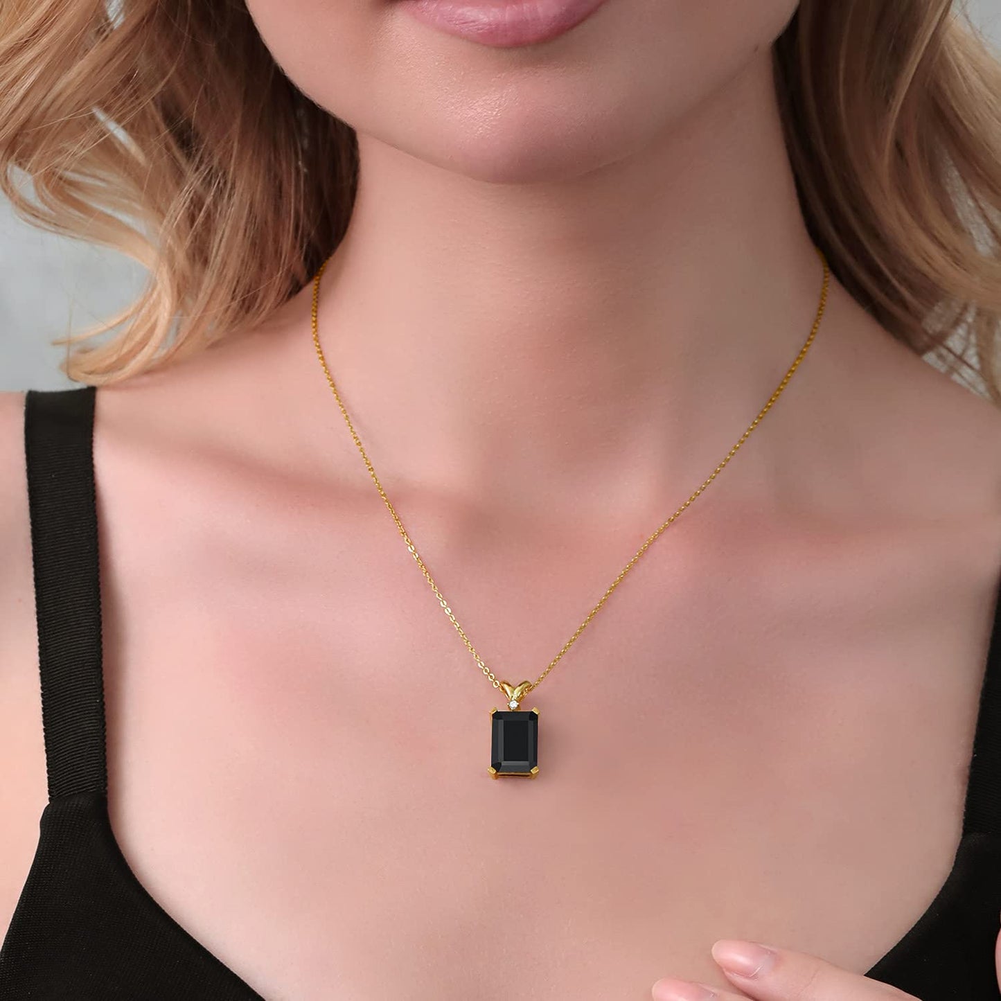 Gem Stone King 6.62 Cttw Black Onyx and White Diamond Jewelry Pendant Necklace For Women Set In 18K Yellow Gold Plated Silver | Gemstone Birthstone | 14X10MM Emerald Cut | With 18 Inch Chain