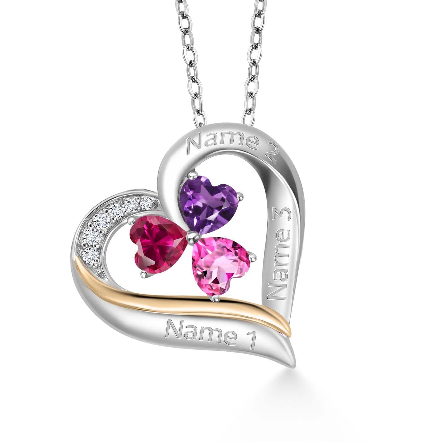 925 Sterling Silver and 10k Yellow Gold Customized and Personalized 3 Stone 5MM Birthstone and White Lab Grown Diamond Heart Shape Name Engraved Pendant Necklace For Women with 18 Inch Chain