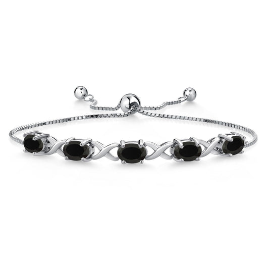 Gem Stone King 3.50 Cttw Black Onyx Bracelet For Women | 925 Sterling Silver | Gemstone December Birthstone | Oval 7X5MM | Adjustable Bolo Bracelet For Women | Easy-On Easy-Off