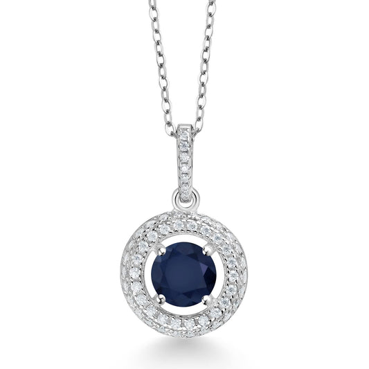 Gem Stone King 925 Sterling Silver Round Blue Sapphire and White Moissanite Pendant Necklace For Women (1.35 Cttw, Gemstone Birthstone, with 18 Inch Chain)