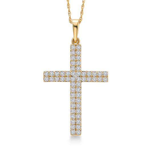 Gem Stone King 10K Yellow Gold White Lab Grown Diamond 2 Line Cross Crucifix Pendant Necklace For Women | 0.44 Cttw | G-H Color | 55 Diamonds | 1 inch | With 18 Inch Chain