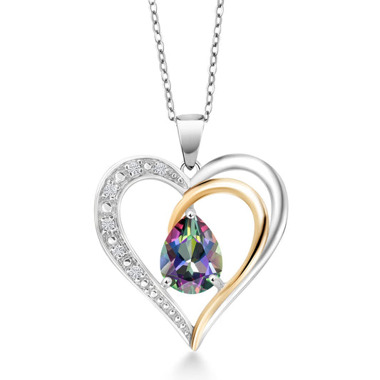 925 Sterling Silver and 10K Yellow Gold Green Mystic Topaz and White Lab Grown Diamond Keren Hanan Heart Shape Pendant Necklace For Women (1.26 Cttw, Pear Shaped 8X6MM, with 18 Inch Chain)