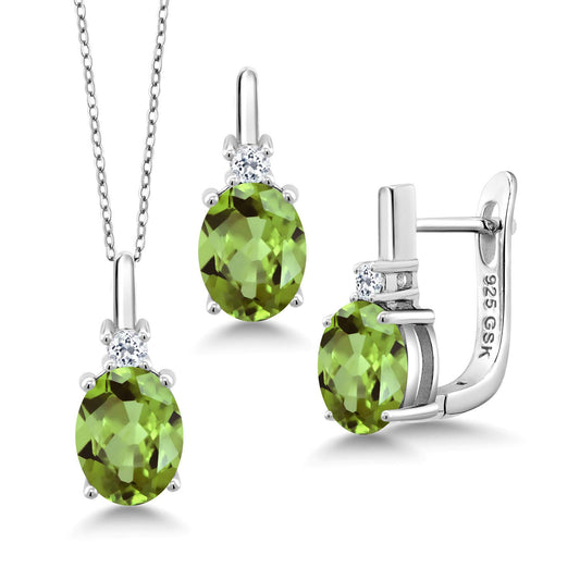 Gem Stone King 925 Sterling Silver Oval Green Peridot and White Topaz Pendant and Earrings Jewelry Set For Women (4.13 Cttw, Gemstone Birthstone, with 18 Inch Chain)