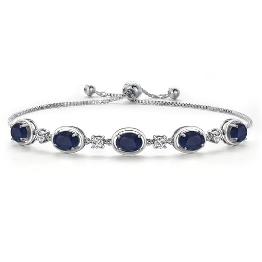 Gem Stone King 925 Sterling Silver Blue Sapphire Bracelet For Women | 5.00 Cttw | Gemstone September Birthstone | Oval 7X5MM | Fully Adjustable 9 Inch