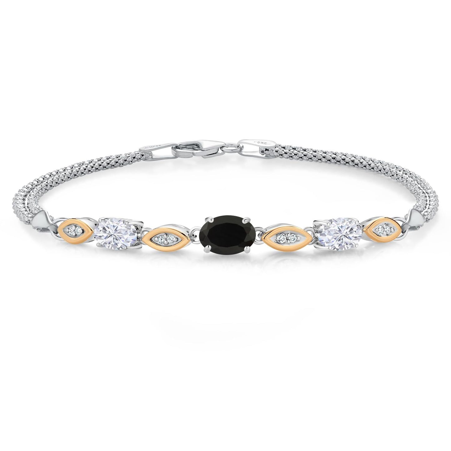 Gem Stone King 925 Silver and 10K Yellow Gold Black Onyx White Moissanite and White Lab Grown Diamond Bracelet For Women (1.76 Cttw, Gemstone Birthstone, Oval, Wheat Chain, 6.5/7/7.5 Inches)