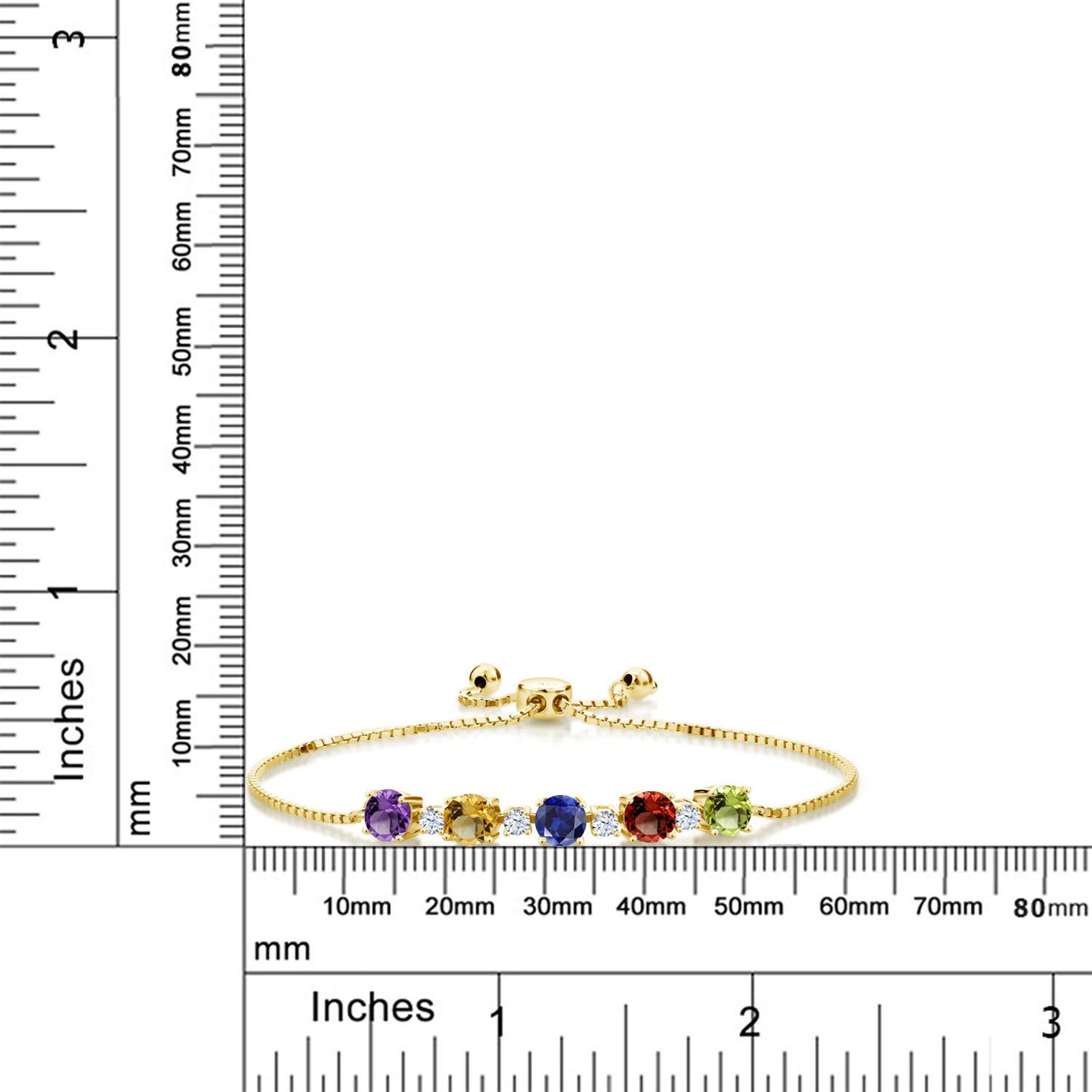 Gem Stone King 18K Yellow Gold Plated Silver Round 5 Gemstone Birthstone Customized and Personalized Tennis Bracelet For Women (5.26 Cttw, Fully Adjustable Up to 9 Inch)