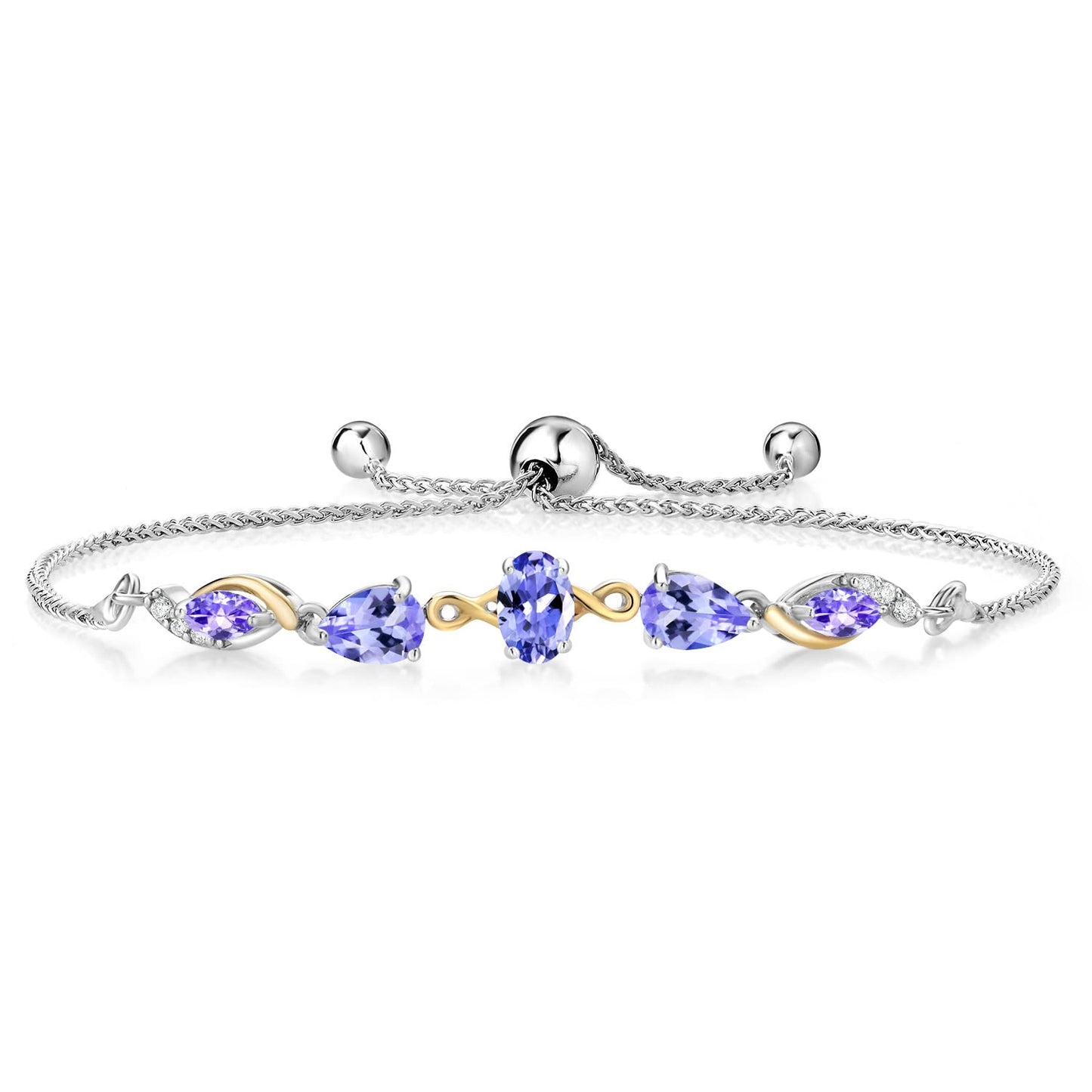 Gem Stone King 925 Sterling Silver and 10K Yellow Gold Blue Tanzanite and White Lab Grown Diamond Tennis Bracelet For Women (1.64 Cttw, Gemstone Birthstone, Fully Adjustable Up to 9 Inch)