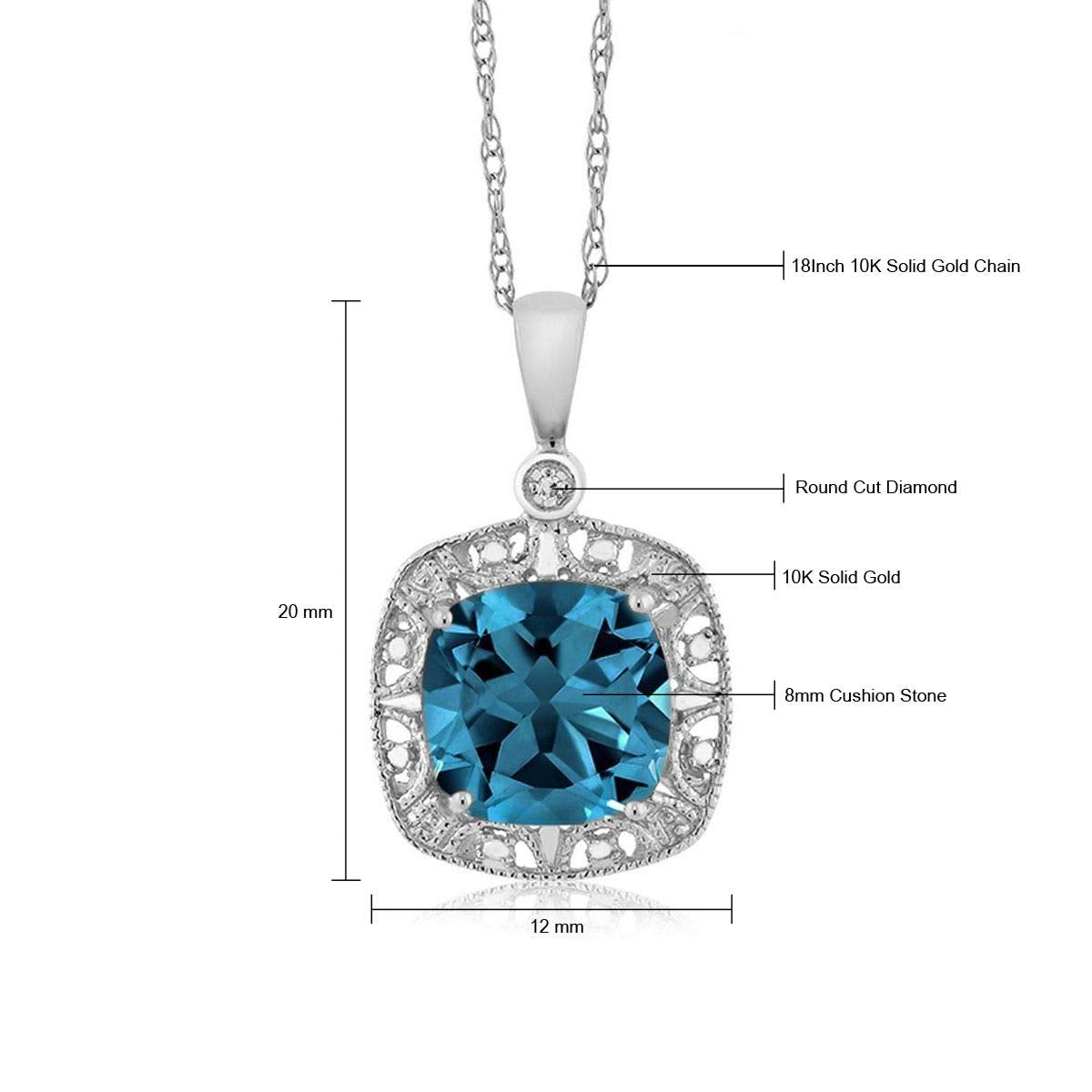 Gem Stone King 10K White Gold London Blue Topaz and White Diamond Accent Pendant Necklace For Women (2.74 Cttw, Gemstone Birthstone, 8MM Cushion Cut Center)