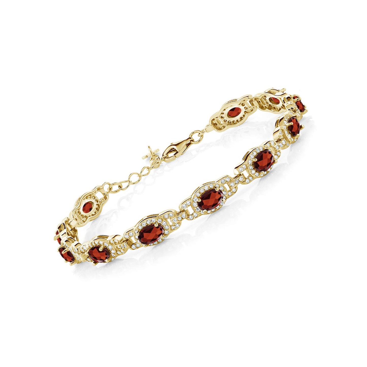 Gem Stone King 18K Yellow Gold Plated Silver Red Garnet Tennis Bracelet For Women (9.87 Cttw, Gemstone Birthstone, Oval 6X4MM, 7 Inch With 1 Inch Extender)