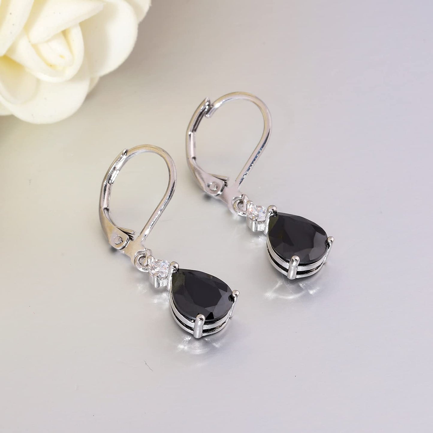 CiNily Leverback Dangle Earrings for Women 14K White Gold Plated Drop Earrings Black Cubic Zircon Fashion Teardrop Hoop Earrings Hypoallergenic Jewelry for Sensitive Ear